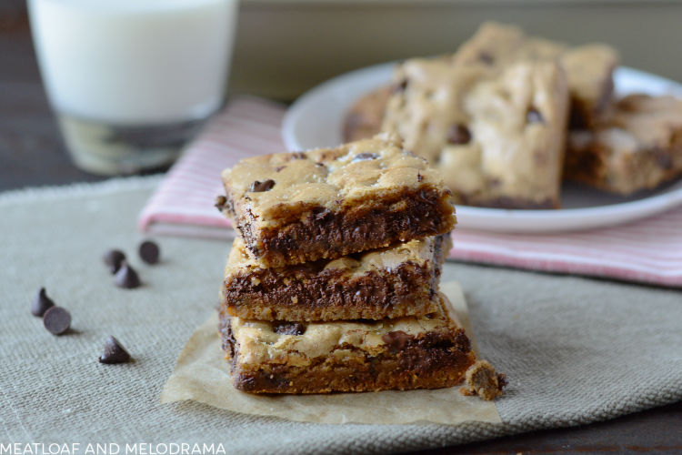 the best chocolate chip cookie bars ever stacked with milk 