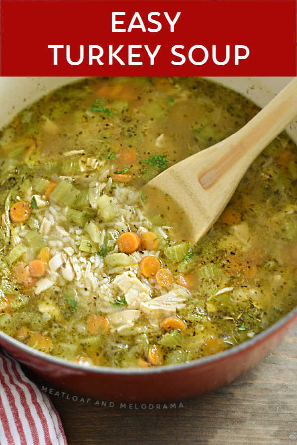 close up of turkey soup with rice in a dutch oven