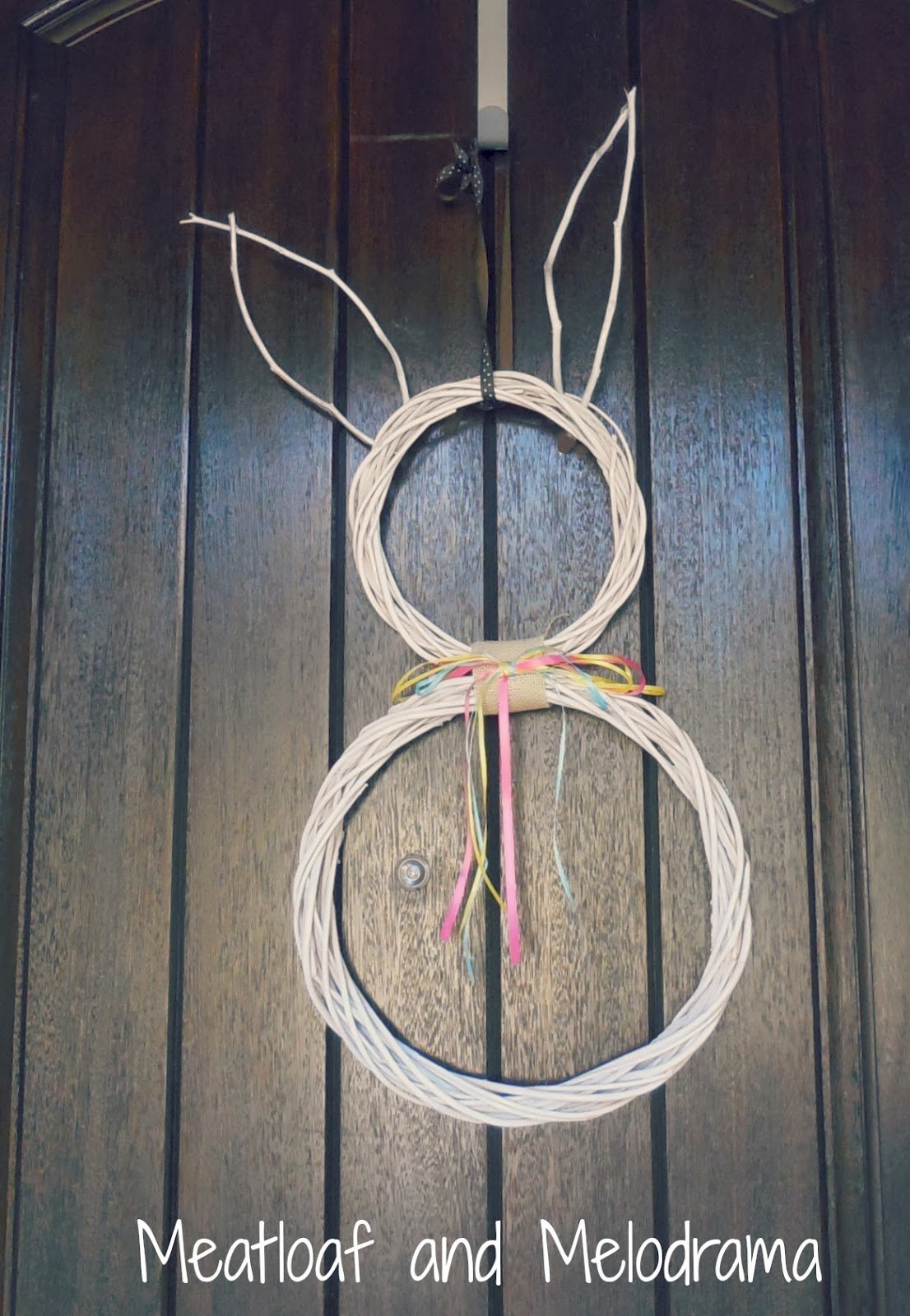 white bunny wreath, ribbons, twigs
