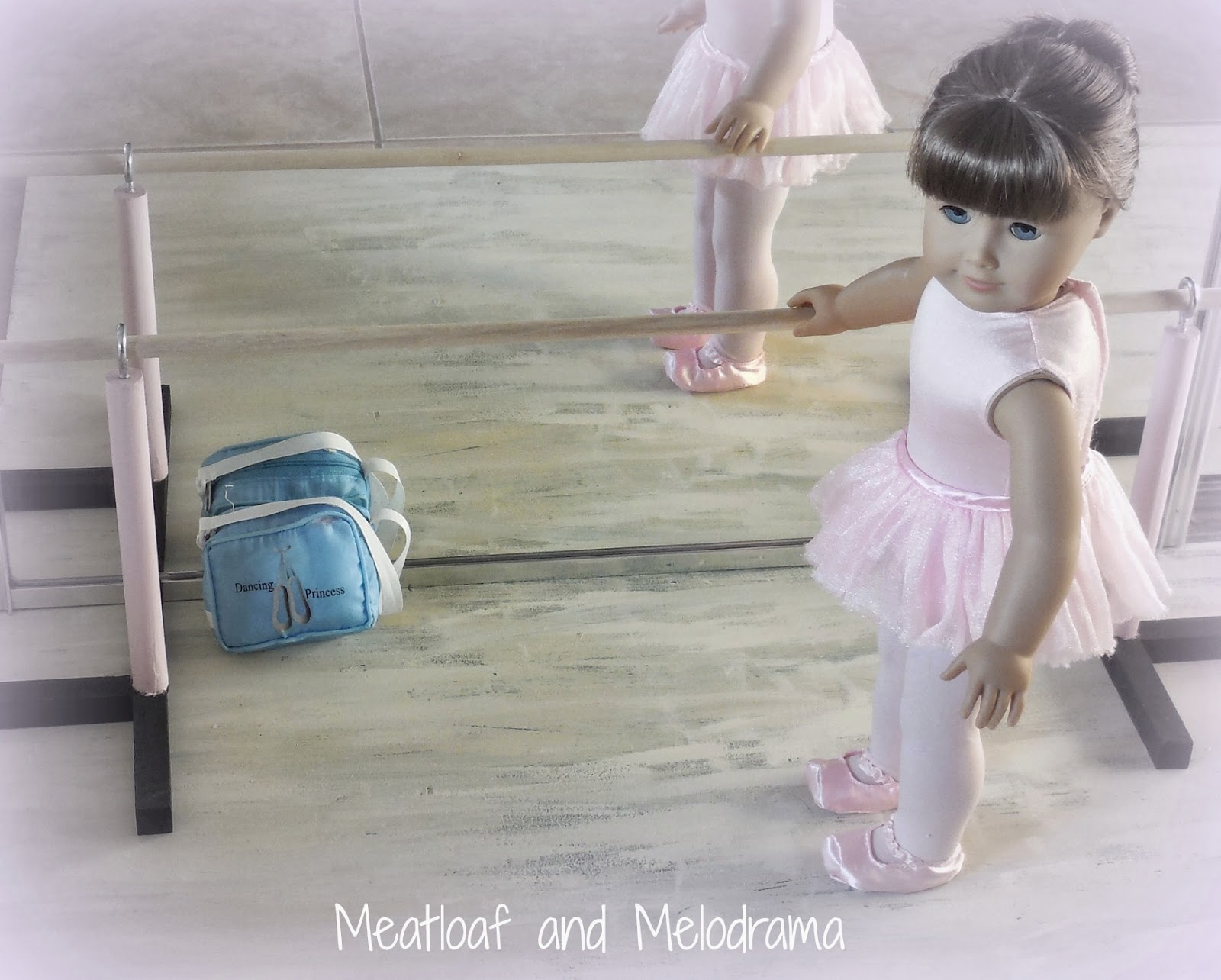 pink and black wooden ballet barre for American Girl dolls