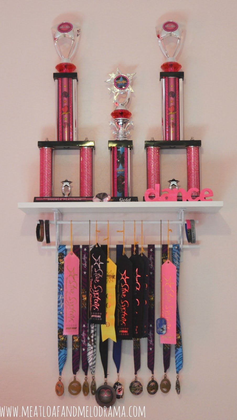 dance trophy shelf made from dowels and ready made shelves