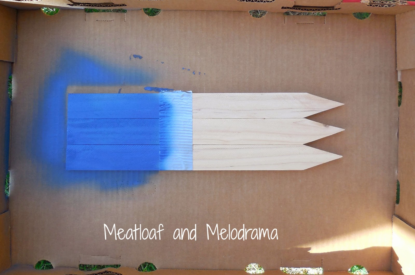 spray paint blue square on wooden stakes
