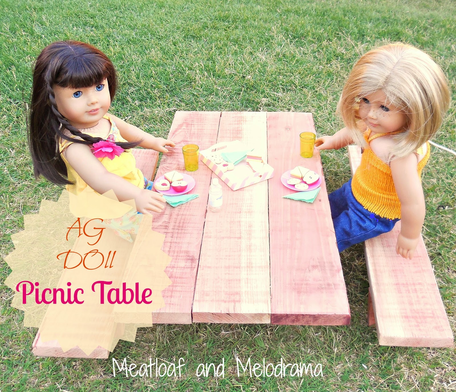 American girl dolls sitting at DIY wooden picnic table