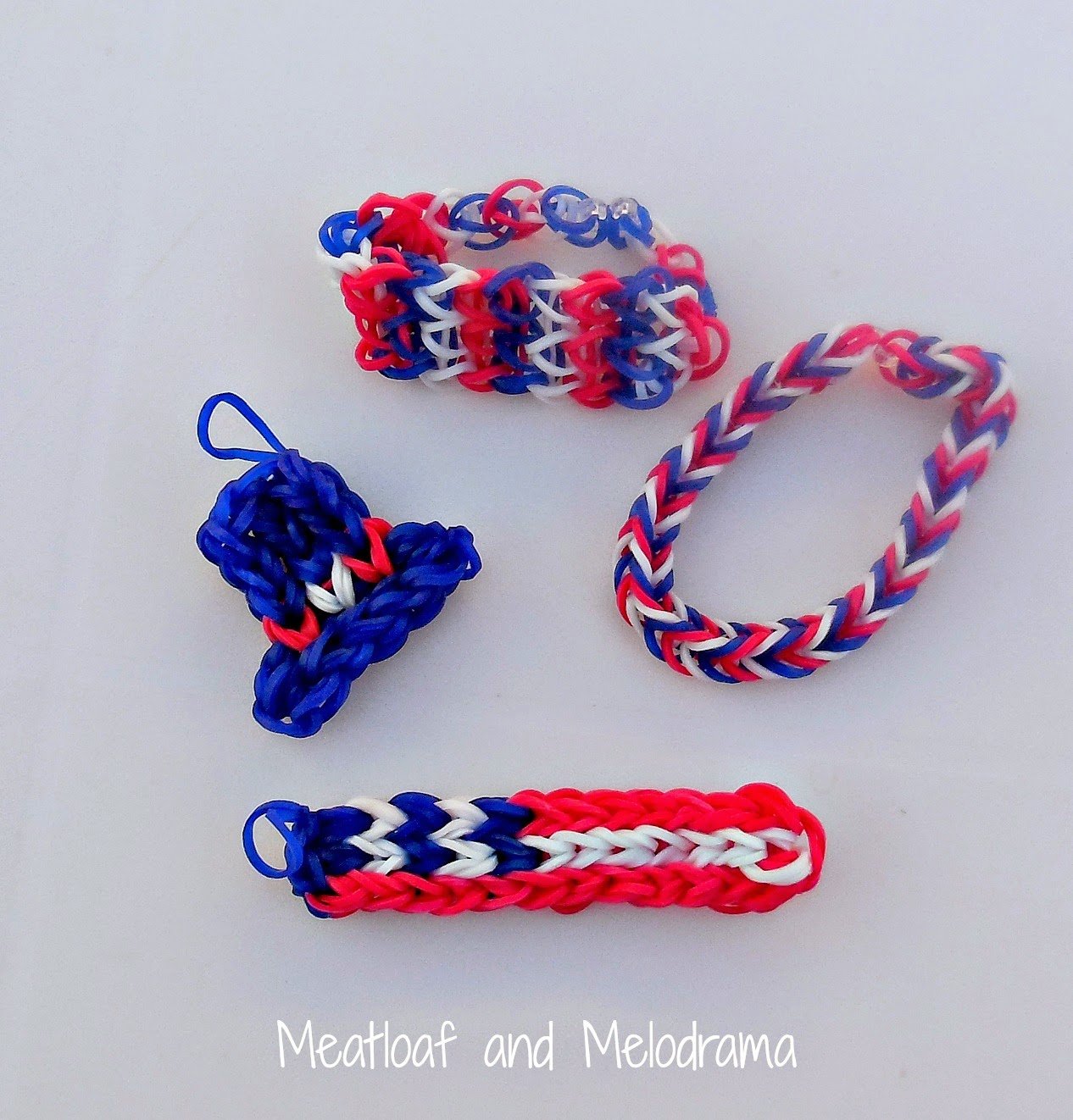 red white and blue rainbow loom bracelets, flag and hat