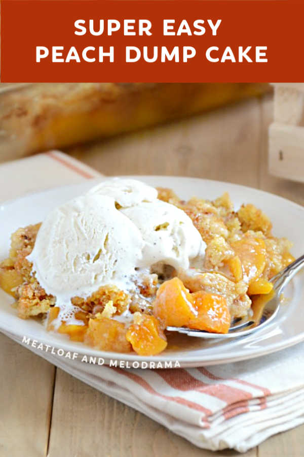 close up of peach dump cake with ice cream on a plate