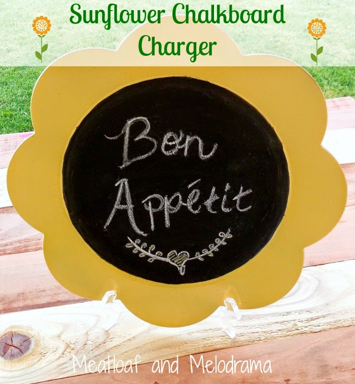 yellow and black sunflower chalkboard charger with bon appetit lettering