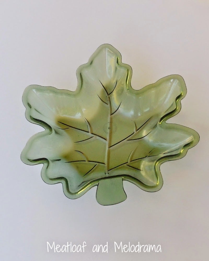green plastic leaf dish from dollar store