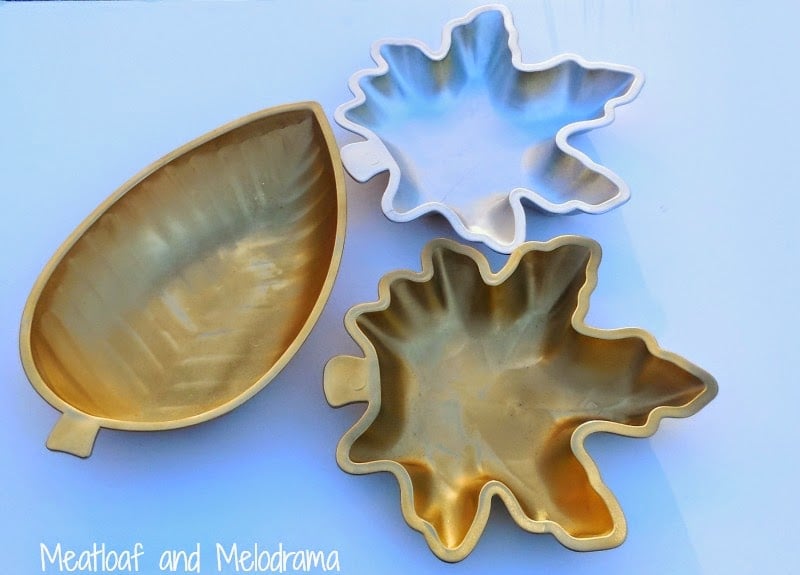 spray paint plastic leaf dishes with metallic gold and silver paint