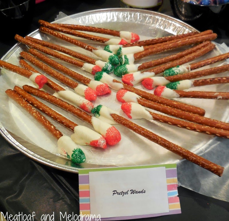 pretzel wands made from pretzels, white chocolate and sugar
