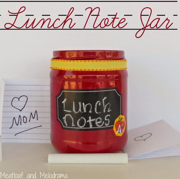 jar for school lunches made with red spray paint, yellow ribbon and black chalkboard label