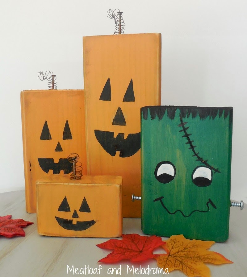 rustic wood pumpkin family and frankentstein made from wood blocks