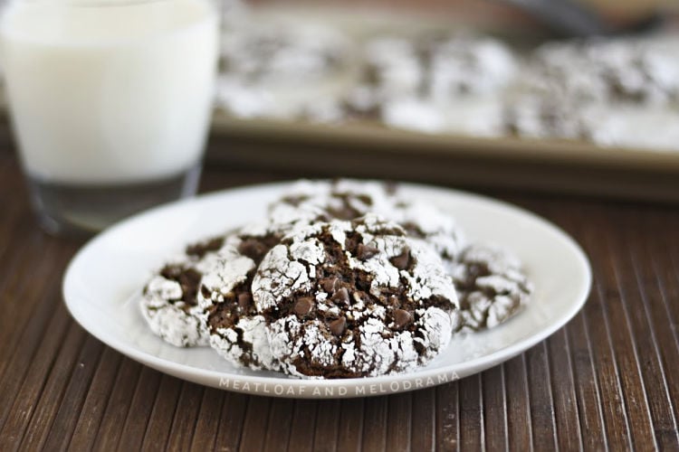 easy chocolate crinkle cookies with powdered sugar on white plate