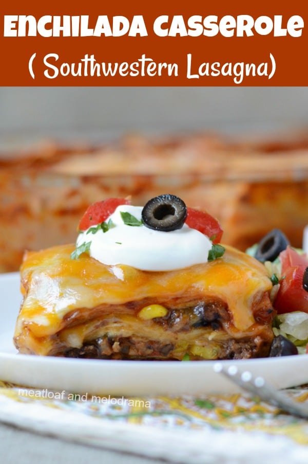 Enchilada Casserole Southwestern Lasagna is easy comfort food made with ground beef, cheese and veggies layered between tortillas and baked! It's spicy, cheesy and perfect for leftovers!