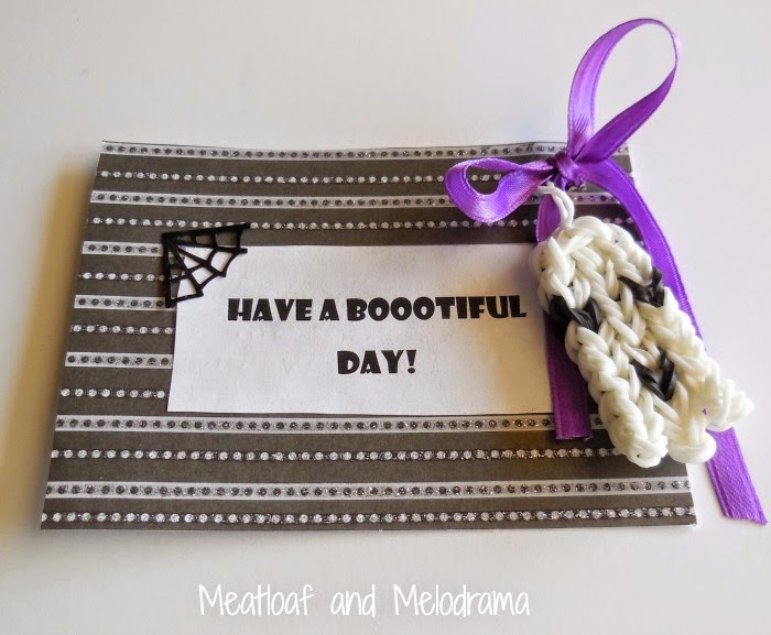 hand made halloween card with loom band ghost attached