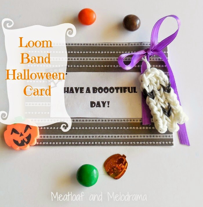loom band ghost on homemade halloween card with purple ribbon