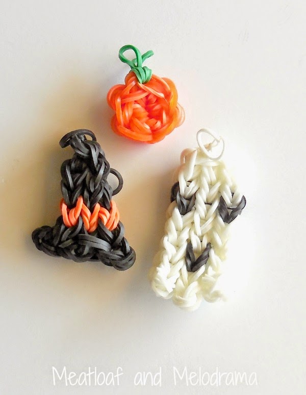 loom band witch hat, white ghost and orange pumpkin made on Rainbow Loom