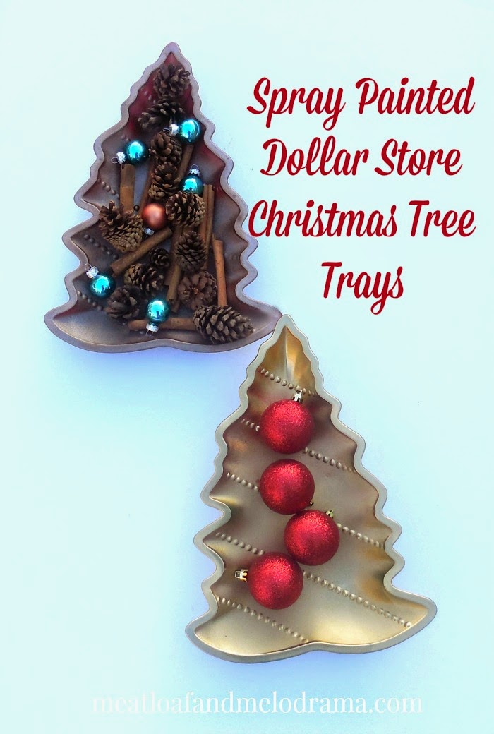 plastic christmas tree trays from the dollar store painted gold and copper with ornaments and pine cones