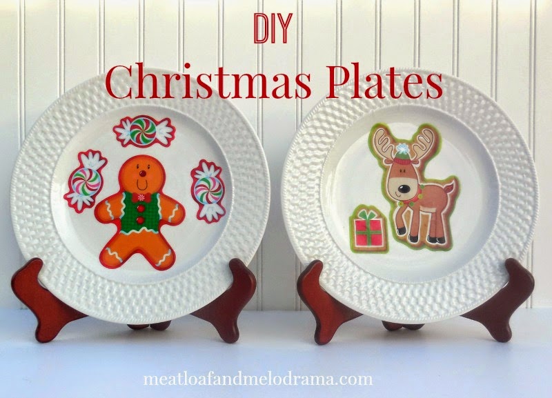 white plates decorated with gingerbread man and reindeer window clings from Dollar Tree