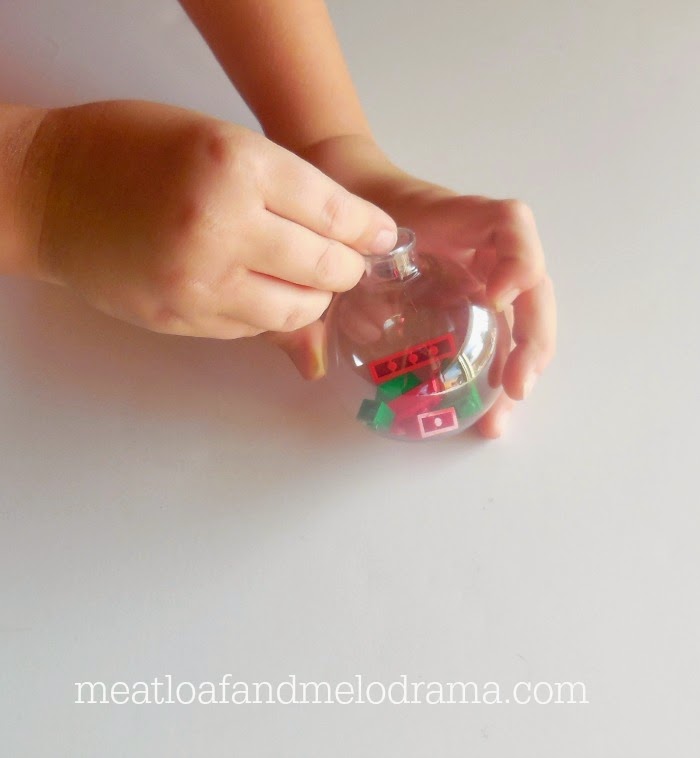 add legos to clear plastic ornament