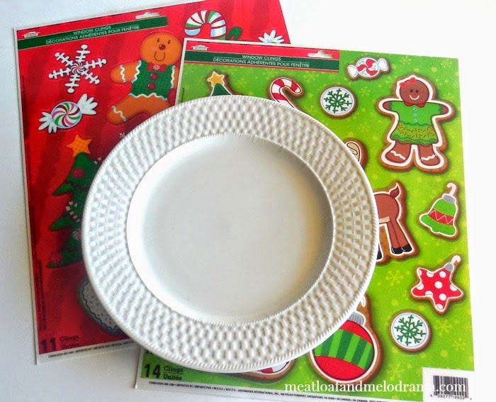 white plate and christmas window clings from dollar tree