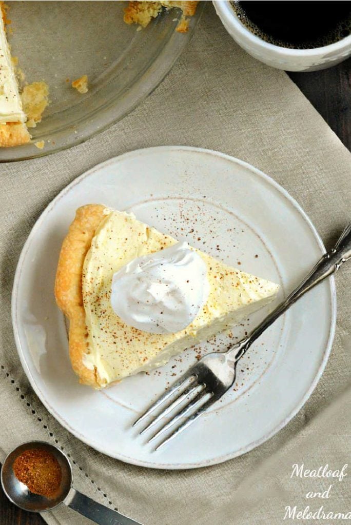 overhead view of pie on a plate with fork