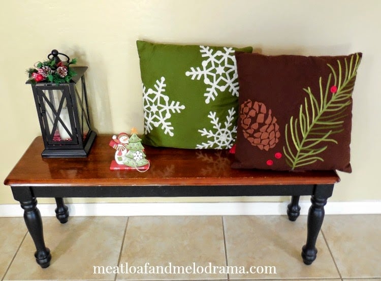 entryway bench decorated for Christmas