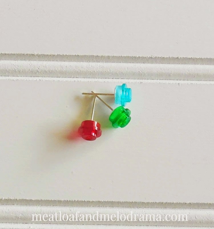 red green and blue lego earrings