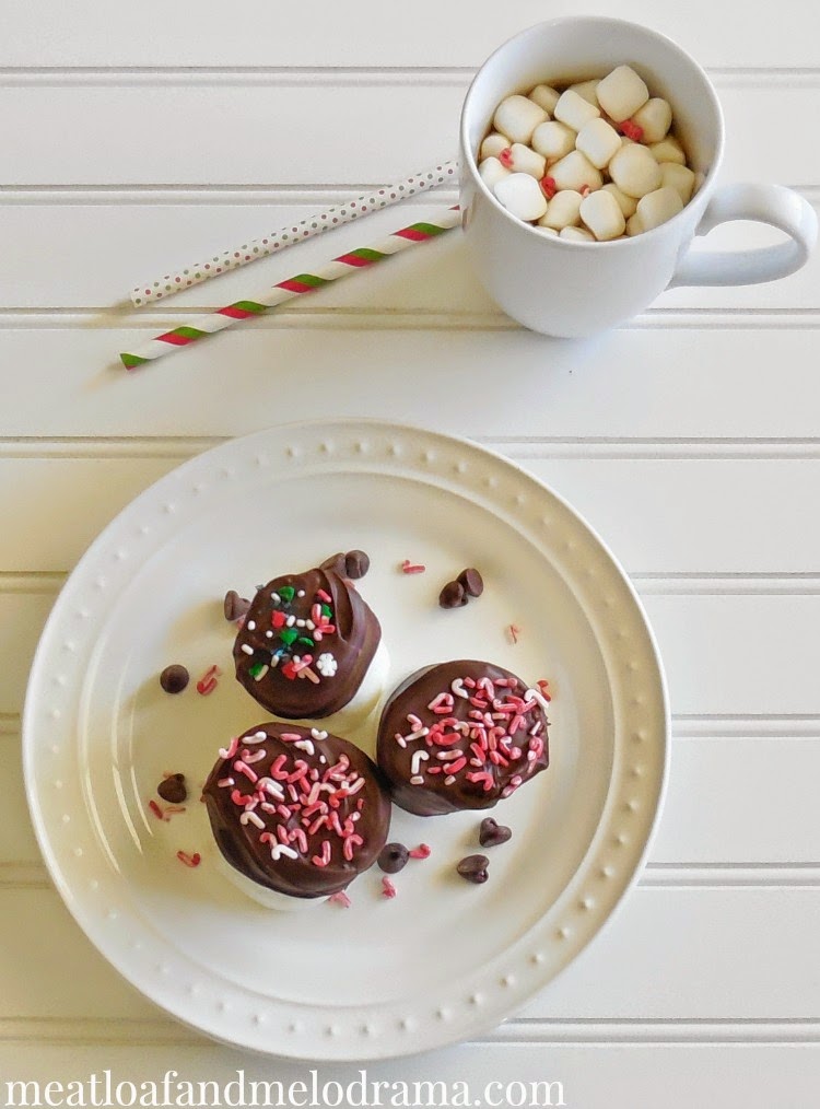 plate of chocolate dipped marshmallows with candy sprinkles and straws and cup of hot chocolate