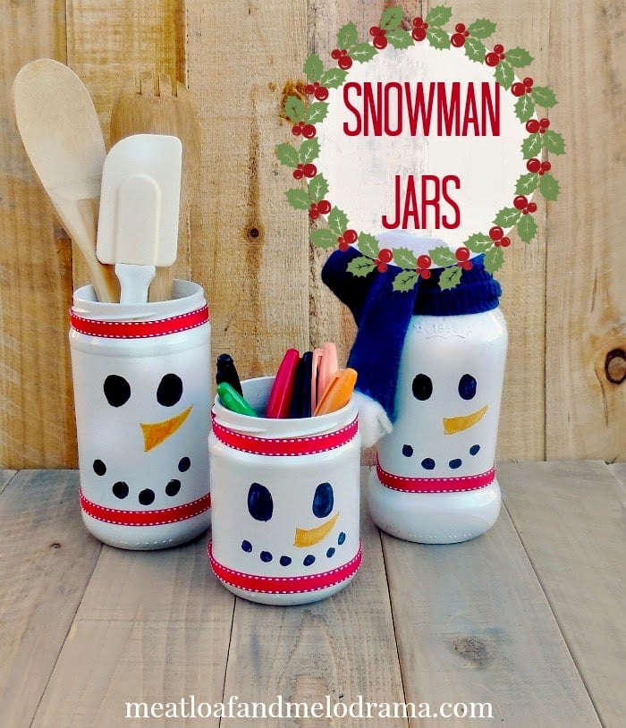 diy snowman jars made with spray paint sharpie markers and ribbons