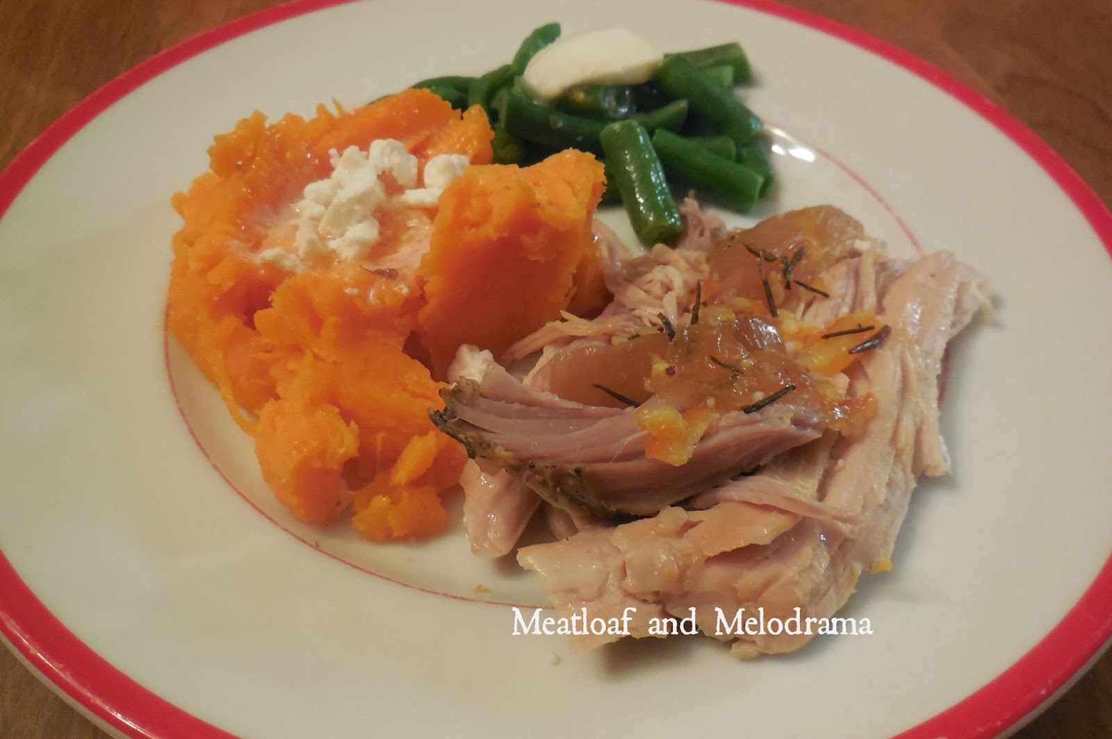 roast pork in slow cooker and sweet potatoes and green beans