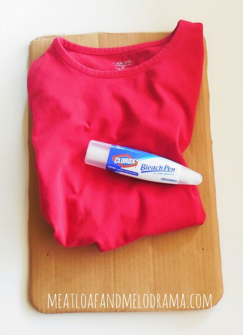 red shirt and cardboard and bleach pen to make your own heart shirt