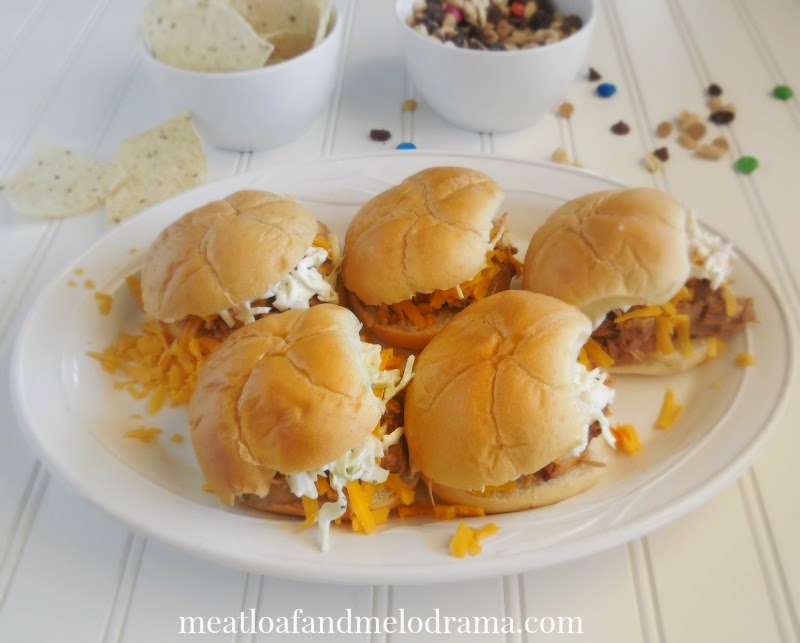 pulled pork sliders with cheese and coleslaw for game day