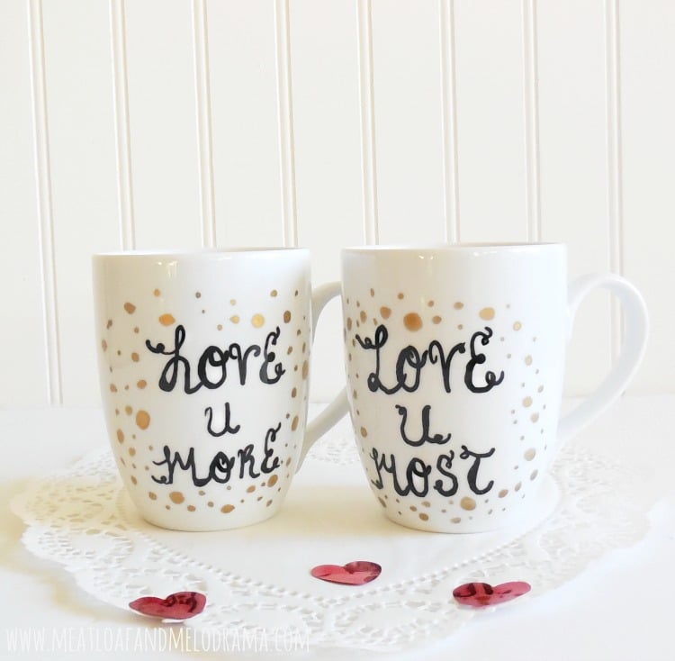 love u more love u most painted coffee mugs with gold dots