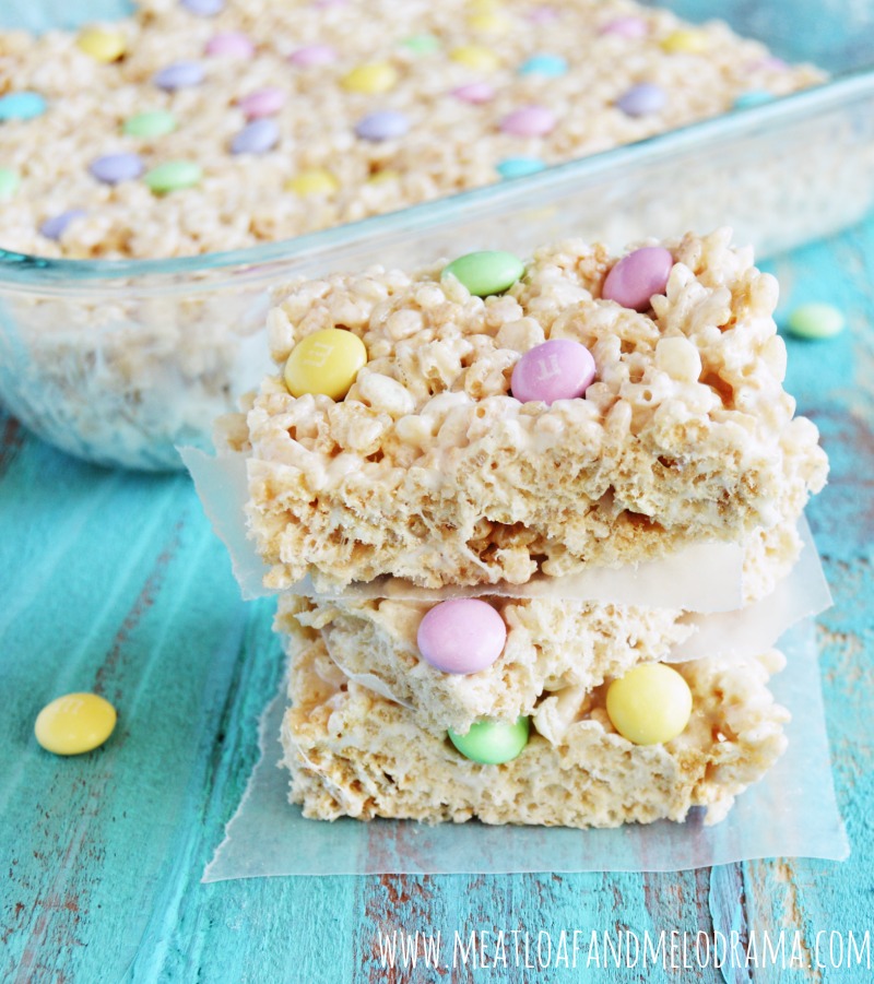 marshmallow rice krispie bars with pastel m and m candies