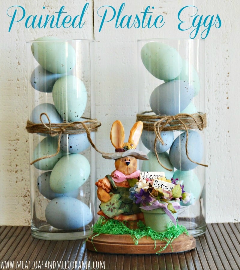 Easter vignette with diy blue robin's eggs in glass vases