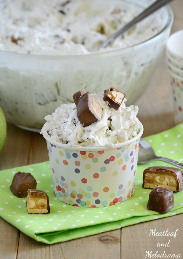 snickers apple salad in a paper bowl