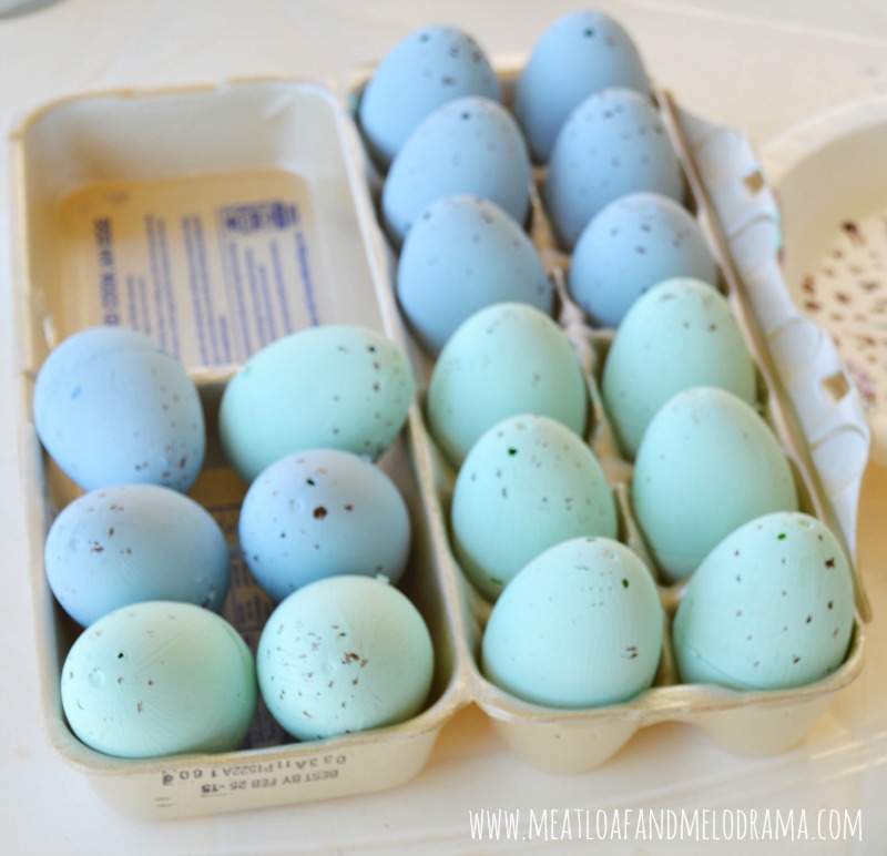 plastic easter eggs painted with chalky paint and speckles