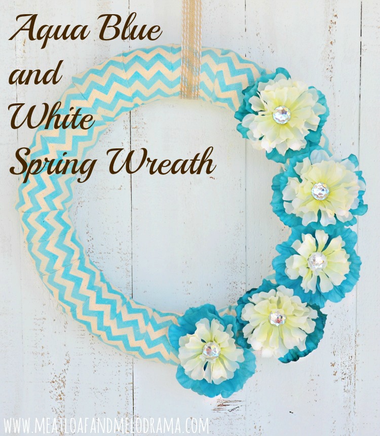 pool noodle wreath with aqua chevron ribbon and teal and white flowers