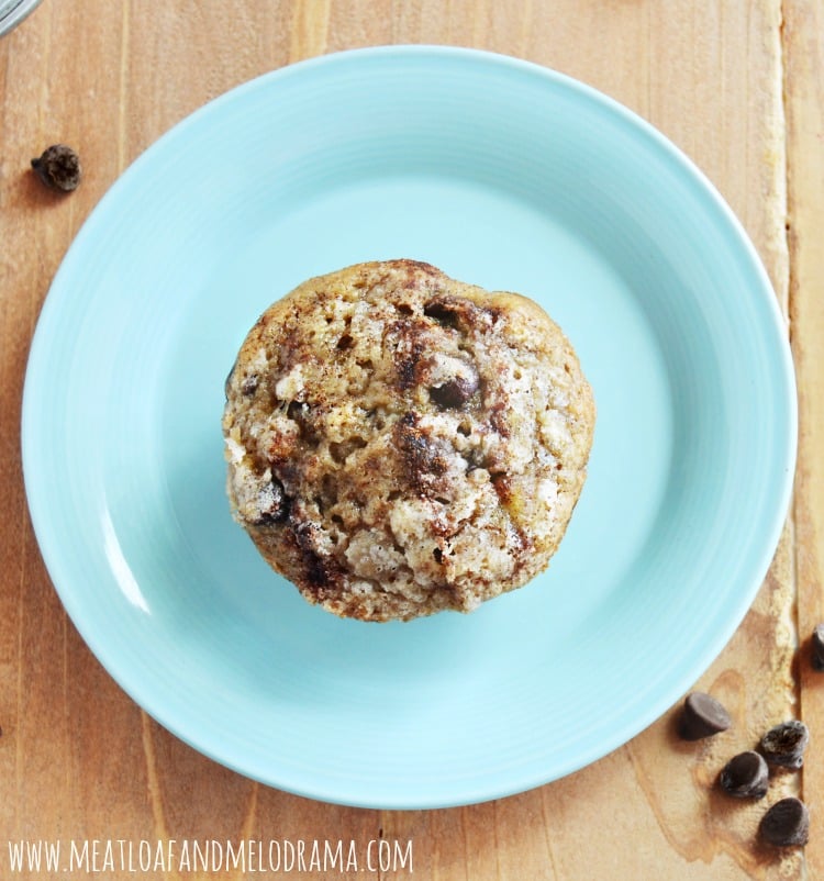 banana bread muffin on a plate with chocolate chips
