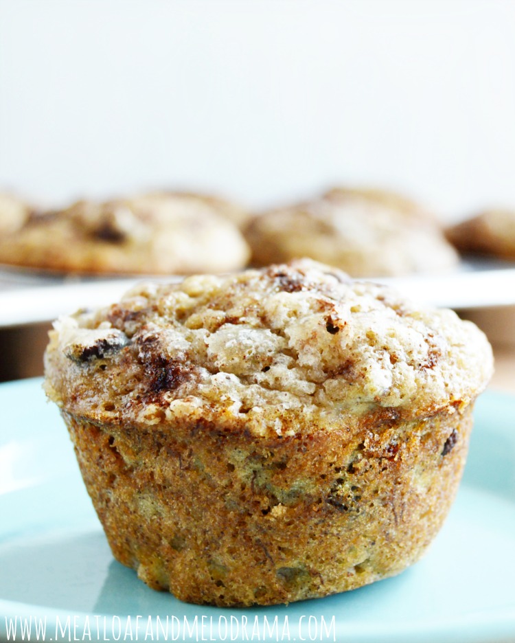 chocolate chip banana muffin with cinnamon and sugar topping