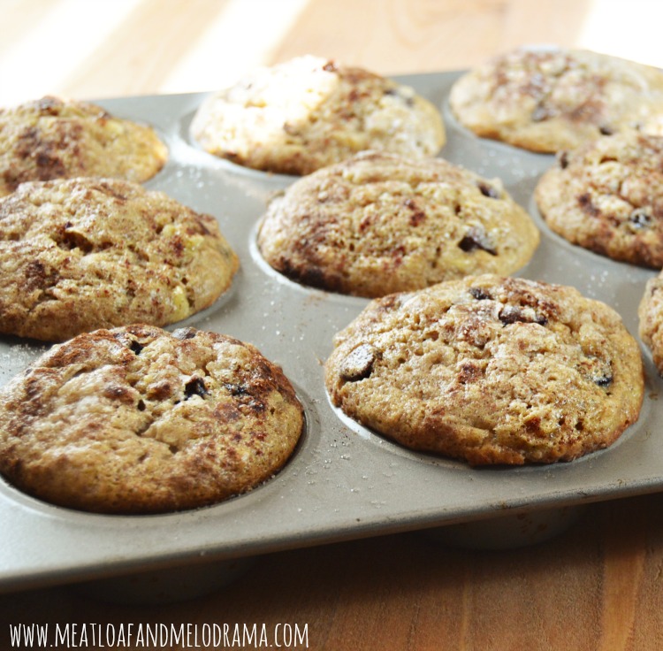 pan of banana bread muffins with chocolate chips 