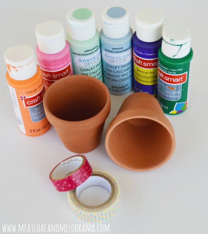 craft paint and washi tape and mini terra cotta flower pots