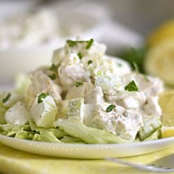lemon chicken salad with apples over lettuce on a white plate