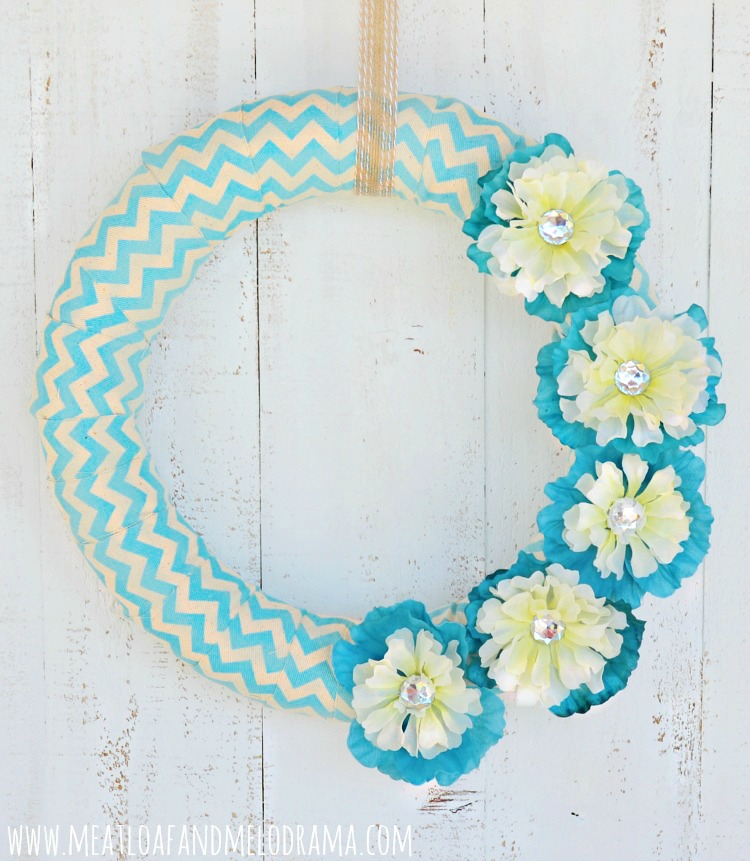 aqua blue and white chevron wreath with teal and white flowers