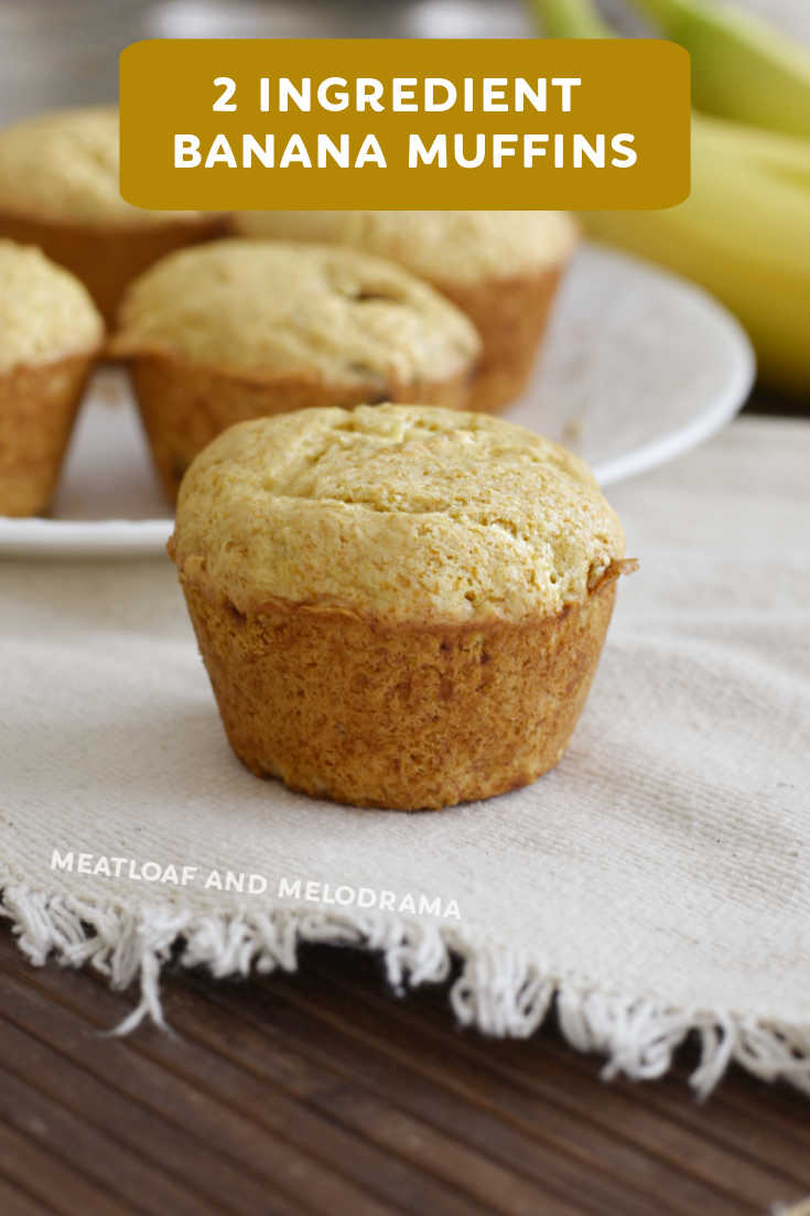 Easy Two Ingredient Banana Muffins made with cake mix and ripe bananas take minutes to make and are perfect a quick breakfast or snack! via @meamel