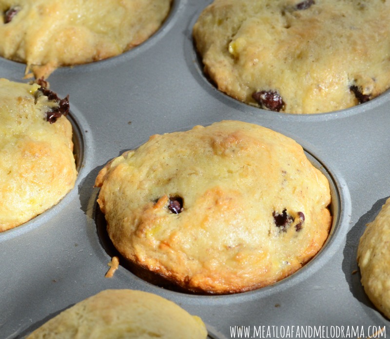 muffin pan filled with banana chocolate chip muffins 