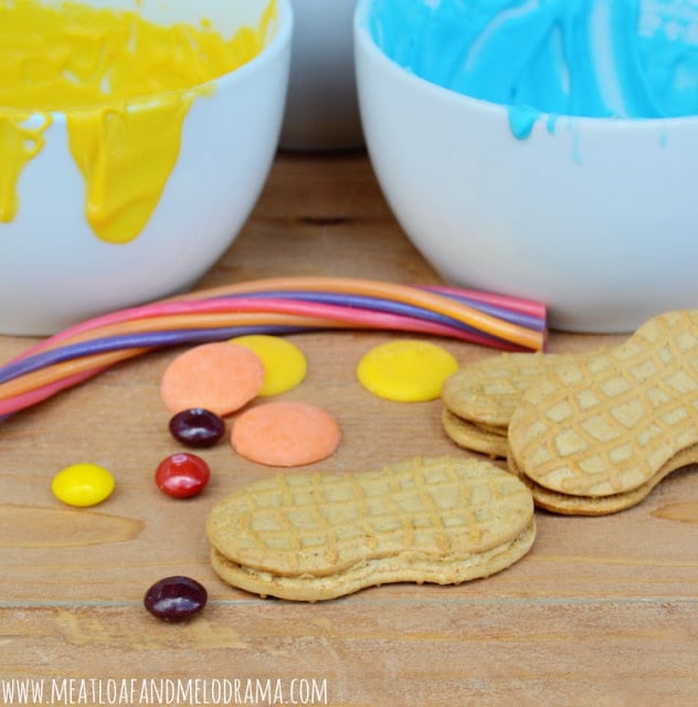 nutter butter cookies with skittles twizzler ropes and candy melts