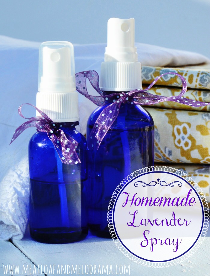 lavender linen spray in blue glass bottles