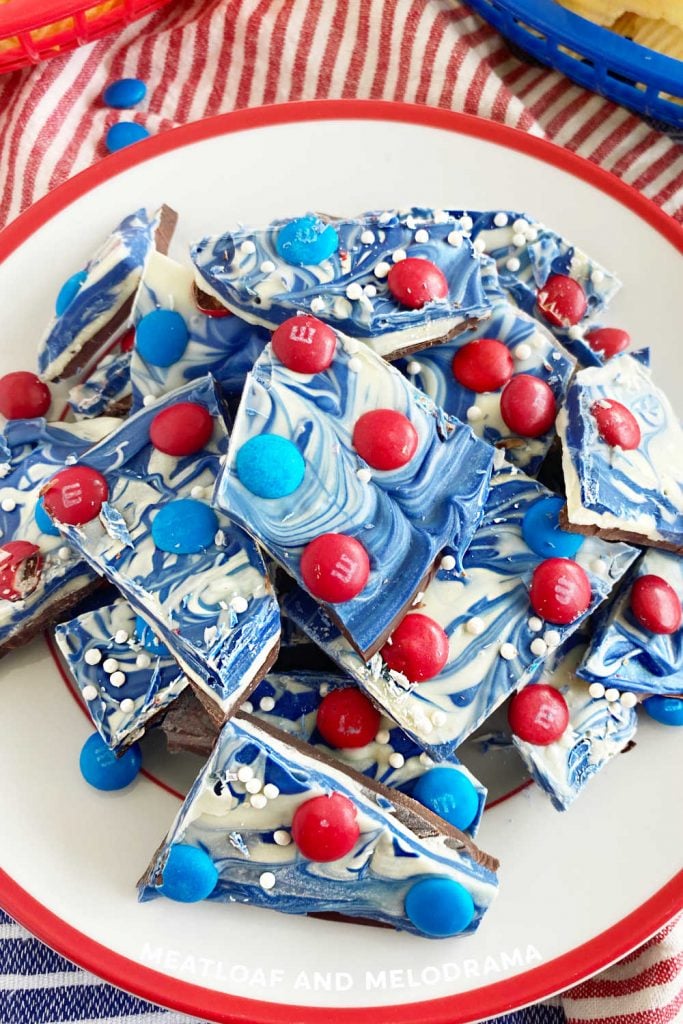 red white and blue bark with m and m candies on a plate
