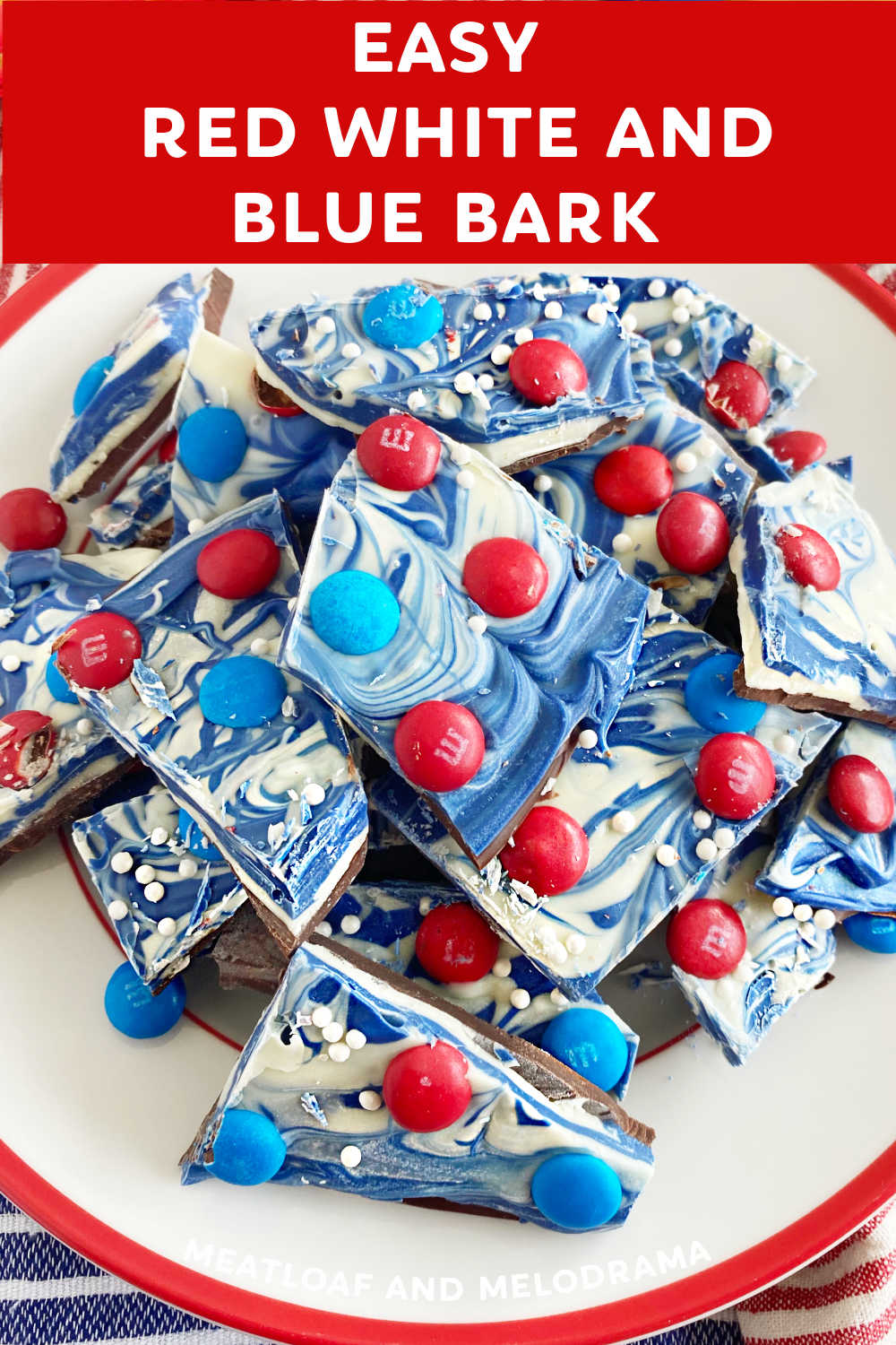 Red white and blue bark is a super easy no bake dessert recipe that is perfect for patriotic holidays like Memorial Day and Fourth of July. You can make this festive candy bark in just a few minutes, and it's perfect for summer cookouts and potlucks or sharing with friends and neighbors! via @meamel